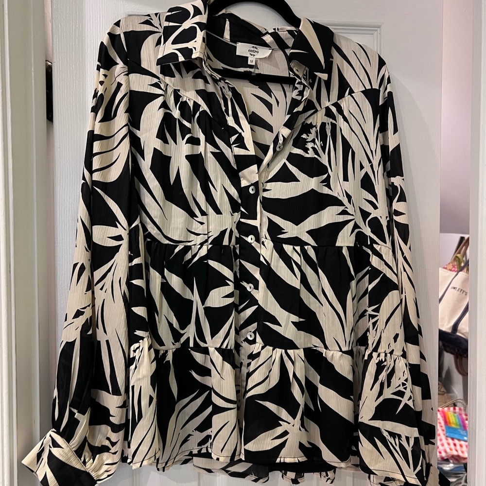 Entro Black and White Button Down Shirt with Notched Collar